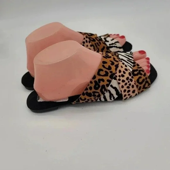 New Qupid Ladies Animal Print Leopard Sandals Slide On Sz 8 Shoes Brown Black - Picture 4 of 9